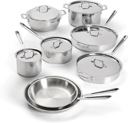 Miniatura 10 de Juego de ollas de acero inoxidable All-Clad D3 - Juego de 10 piezas de ollas y sartenes, apto para inducción, horno a 600F, incluye sartenes