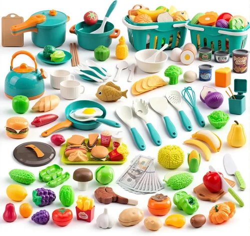 200 piezas de accesorios mini para cocina de juego para niños, juego de cocina de simulación con utensilios de cocina, vajilla y 2 juegos de frutas,