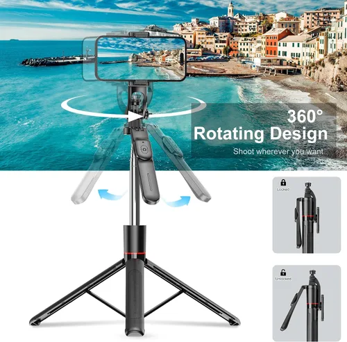Miniatura 4 de Trípode con palo selfie de 67 pulgadas para iPhone con control remoto, soporte para teléfono y tornillo de 1/4 de pulgada, trípode extensible