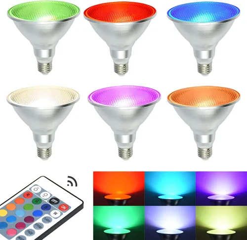 Miniatura 6 de Paquete de 2 focos RGB PAR38 para exteriores con control remoto, 30 W = 90 W, bombillas LED impermeables que cambian de color, blanco cálido de 3000