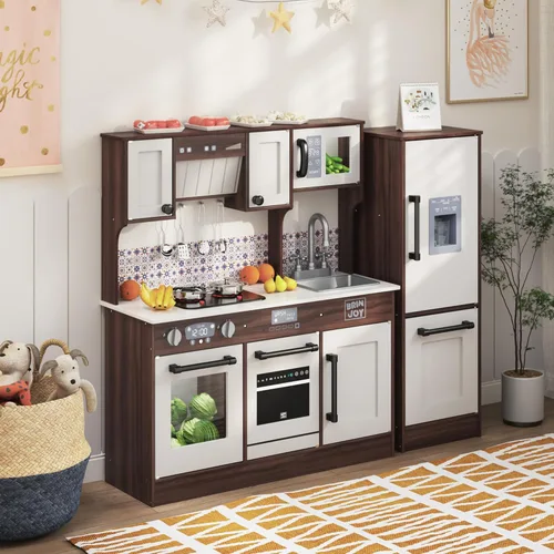 Miniatura 6 de BRINJOY Juego de cocina de madera para niños de 2 piezas, juego de cocina de madera para niños pequeños, cocina de simulación modular con estufa