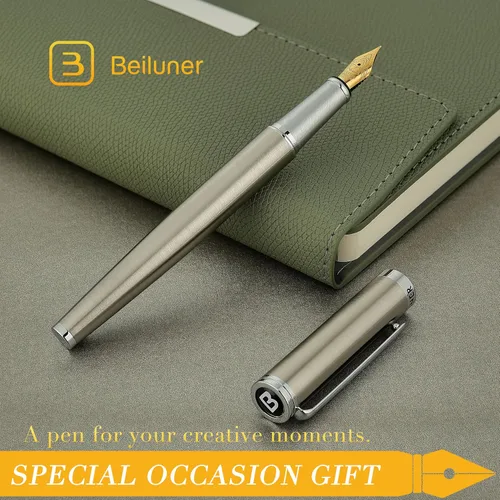 Miniatura 7 de BEILUNER Conjunto de pluma estilográfica de lujo, plumín fino sólido bañado en oro 24K, cuerpo de acero inoxidable plateado - Incluye 6 cartuchos