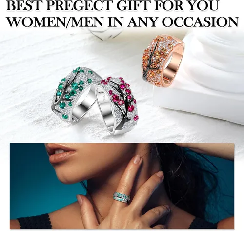 Miniatura 5 de Anillo de plata de ley 925 para mujer, diseño de ramas de cerezo, creado en laboratorio, rubí y esmeralda