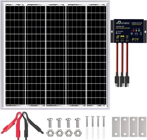 SOLPERK Kit de panel solar de 50 W 24 V, controlador inteligente impermeable 10A PWM, cargador de batería solar para el hogar al aire libre para RV,