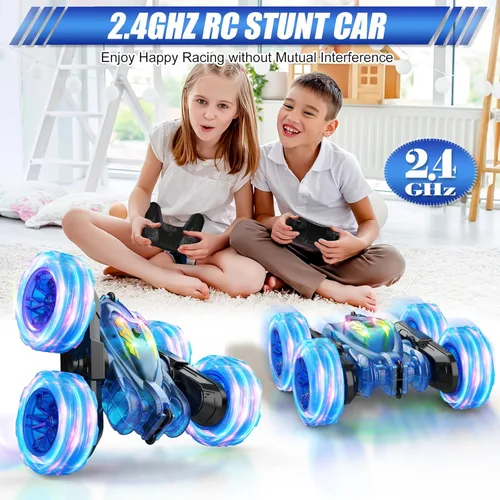 Miniatura 3 de Coche de Control Remoto, Autos RC de Acrobacias Para Niños con Luz Colorida, Carga Rápida USB-C, Juguetes de Coche Camión RC 4WD Recargable con Azul