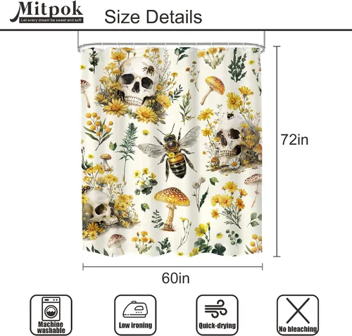 Miniatura 5 de Cortina de ducha gótica con calavera, 60 pulgadas de ancho x 72 pulgadas de alto, estilo rústico boho, con hongos amarillos, flores, abejas