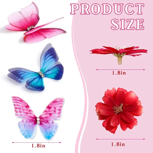 Miniatura 2 de Canlierr Juego de 100 mariposas de organza con cabeza floral sintética para manualidades, 50 cintas pequeñas 3D, 50 mini flores de imitación