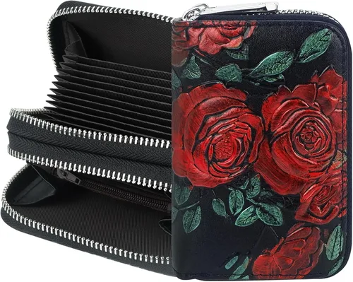 CONISY Tarjetero RFID para mujer, cuero genuino impreso con cremallera alrededor de pequeña cartera de acordeón para damas, Rojo rosa, Vintage