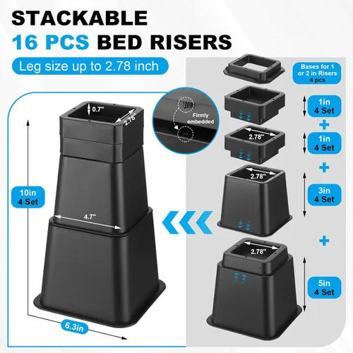 Miniatura 4 de Relaxweex 20 elevadores de cama resistentes de altura de 1 a 10 pulgadas, elevadores de muebles ajustables para silla, mesa, escritorio, patas
