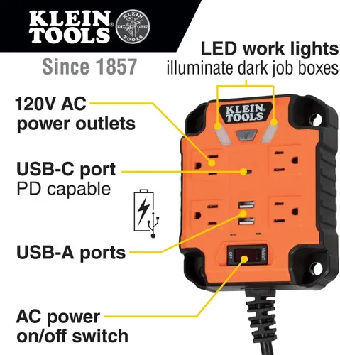 Miniatura 2 de Klein Tools 29601 Regleta magnética con protector de sobretensión, cable de extensión, 4 tomacorrientes, 3 puertos USB, cable de 5 pies, caja