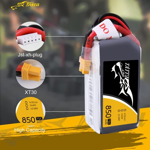 Miniatura 3 de Tattu Paquete de batería LiPo de 14.8V 4S 75C 850mAh con enchufe XT30 para multirotor FPV de tamaño 100 a 180 Owl Racing Quadcopter
