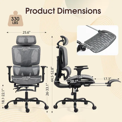 Miniatura 3 de Silla de oficina ergonómica con soporte lumbar ajustable, reposabrazos y reposacabezas 3D, silla reclinable de 135° con reposapiés, silla giratoria