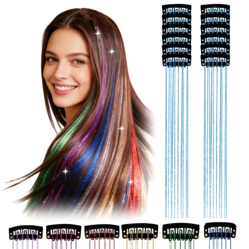 Miniatura 12 de 12 extensiones de cabello de oropel con clip, color champán, extensiones de cabello de oropel con clip, extensiones de cabello con purpurina