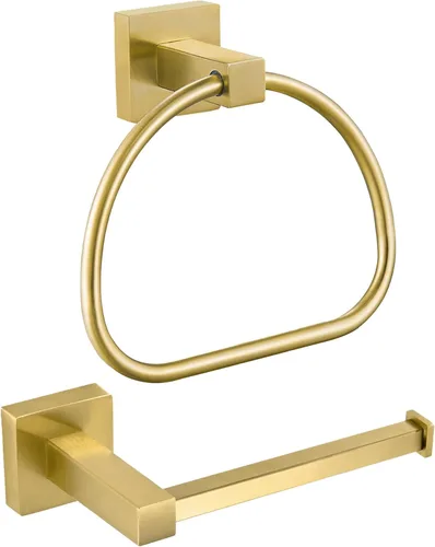 Leyden Soporte de papel higiénico dorado Portador de toalla de mano, Soporte de rollo de papel cepillado de latón Anillo de toalla, Juego moderno de