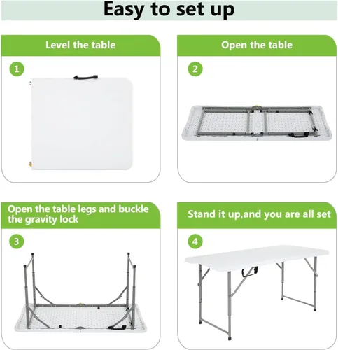 Miniatura 9 de Mesa plegable, mesa de picnic portátil de 4 pies, mesa plegable de plástico con asa, mesa de comedor para interiores y exteriores para fiestas