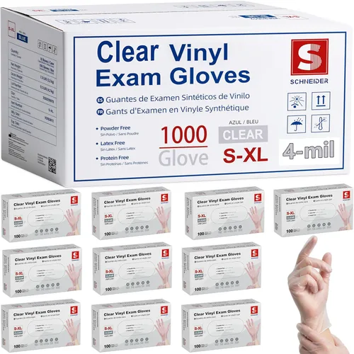 Schneider - Guantes de examen de vinilo transparente, sin látex, guantes médicos desechables, guantes de limpieza, seguros para alimentos, sin