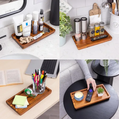 Miniatura 4 de Bandeja de tocador de baño de 11.8 x 5.9 pulgadas de madera de acacia natural, elegante organizador para cosméticos, joyas, perfumes, velas, llaves.