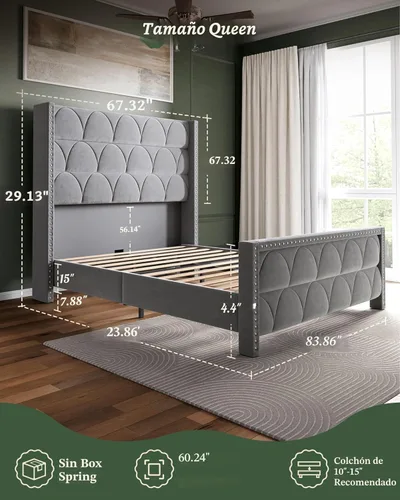 Miniatura 2 de OHOHOLIVE Marco de cama tamaño Queen con cabecero de 56 pulgadas, marco de cama tapizado de terciopelo con plataforma con respaldo de alas, sin Gris