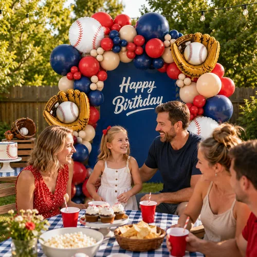 Miniatura 5 de Decoraciones de fiesta de cumpleaños de béisbol, arco de globos azul marino, rojo y nude con globos de papel de aluminio con guante de béisbol