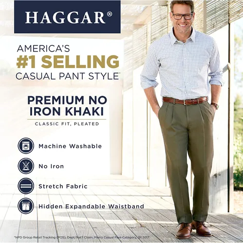 Miniatura 4 de Haggar - Pantalón con parte delantera plana de cintura ampliable de ajuste clásico caqui sin plancha de alta calidad para hombre, tallas regular