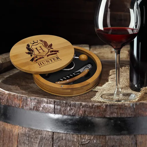 Miniatura 2 de My Personal Memories Juego de herramientas de abrebotellas de vino de madera de bambú personalizado 4pc - REDONDO