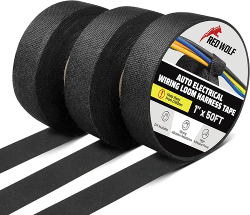 RED WOLF Cinta de Tela para Arnés de Cableado Eléctrico 1 Pulgada x 50 Pies 3 Rollos Conducto de Cables Flexibilidad Alta Resistencia a la Abrasión