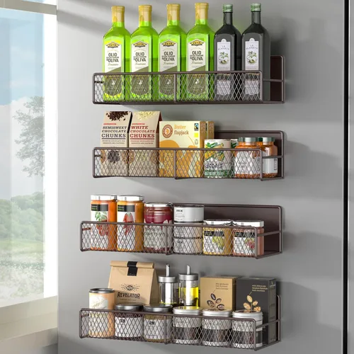 Miniatura 23 de Estante magnético para especias para refrigerador, paquete de 7 estantes magnéticos fuertes 100% de metal, organizador de especias con soporte