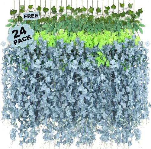 Miniatura 8 de 25 Pcs Artificial Wisteria Hanging Flowers 3.6ft Dusty Blue & White Fake Hanging Flowers Garland Silk Flowers Rattan String Faux Wisteria Vine for