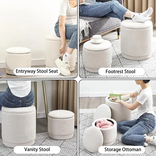Miniatura 7 de Homebeez Juego de 2 otomanas redondas de almacenamiento, taburete tapizado de felpilla con tapa extraíble para sala de estar y dormitorio, asiento
