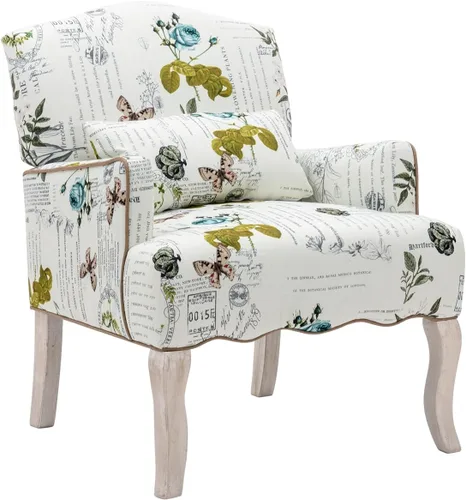 Miniatura 11 de Shunzhi Sillas de Acento Florales Estilo Granja Sillón Tapizado de Lino Silla de Lectura Moderna de Mediados de Siglo Sofá Individual con Almohada