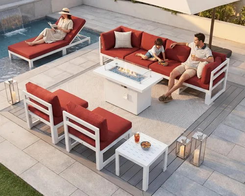 Miniatura 36 de NICESOUL® Juego de 6 piezas de muebles modernos de aluminio extra grandes para patio con mesa para fogata de propano/gas natural, sofás de Gris/Gris