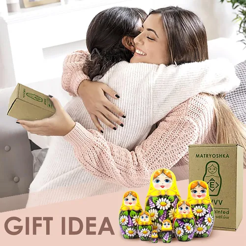 Miniatura 6 de AEVVV Juego de 7 muñecas rusas de Matryoshka - Muñecas rusas en vestido de Sarafan con manzanilla pintada a mano y flores lilas - Русские Матрески