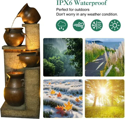 Miniatura 7 de Bumilgar Fuente de Agua para Patio de 53" de Alto - Las 4 Tinajas Decorativas Modernas en Cascada, Fuentes de Jardín y Cascadas con Luces Cálidas