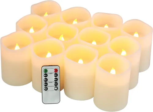 Juego de 12 velas sin llama, funciona con pilas, velas LED de cera real de pilar (3 pulgadas de profundidad x 4 pulgadas) con control remoto de 10
