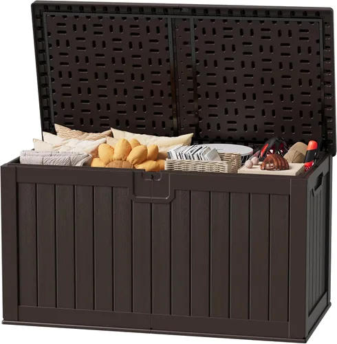 Miniatura 31 de JUMMICO Caja de resina de 31 galones, cajas de almacenamiento impermeables para interiores y exteriores para muebles de patio, cojines y Negro