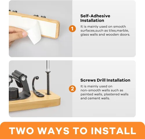 Miniatura 7 de IMILLET - Soporte de pared para fregona y escoba, colgador de bambú con 4 estantes y 5 ganchos, decoración para la lavandería, organizador