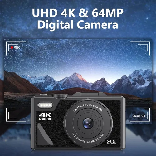 Miniatura 2 de Cámara digital con pantalla abatible LCD, cámara UHD 4K de 64 MP, cámara digital de apuntar y disparar con zoom de 18X, cámara de vlogging