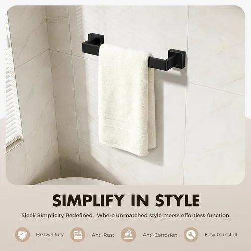 Miniatura 2 de Juego de accesorios de baño con barra de toallas: 10 piezas de hardware de baño negro mate SUS304 de acero inoxidable - Toallero montado en la pared