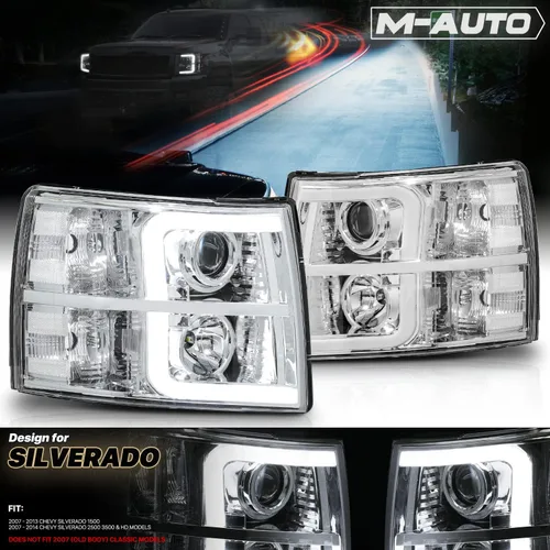Miniatura 2 de M-AUTO Conjunto de faros proyector cromado con 2 pares de bombillas LED de 6000K preensambladas compatibles con Chevy Silverado 1500 07-13