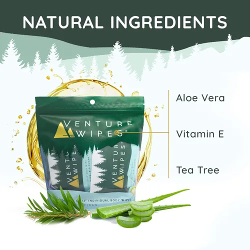 Miniatura 6 de Venture Wipes Toallitas corporales de aceite de árbol de té, toallitas de aventura para adultos, limpieza biodegradable con aloe y vitamina E