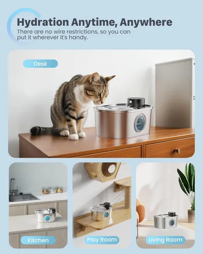Miniatura 8 de Fuente de agua inalámbrica para gatos: fuente para mascotas de acero inoxidable operada por pilas, dispensador automático de agua inalámbrico