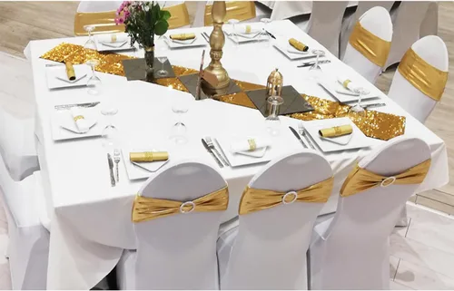 Miniatura 7 de Bandas para silla de elastano metálico dorado para boda, paquete de 100 bandas para silla con hebilla, lazos dorados para sillas doradas, lazos
