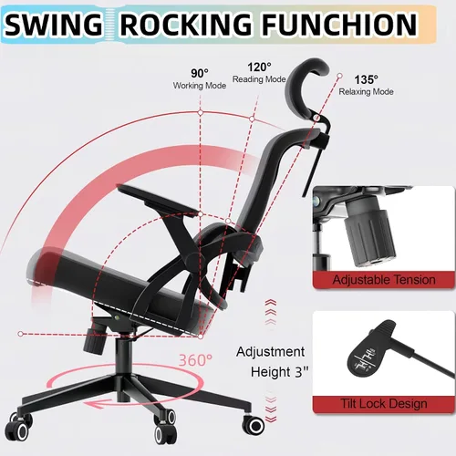 Miniatura 3 de Silla de oficina ergonómica, sillas de escritorio cómodas de 350 libras con reposacabezas ajustable y soporte de espalda lumbar, sillas de negro
