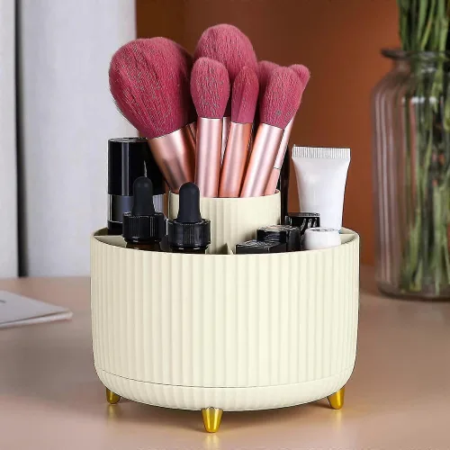 Miniatura 9 de WILL OAK Organizador de brochas de maquillaje, organizador de brochas de maquillaje giratorio de 360°, 5 ranuras para cosméticos, esmalte de uñas