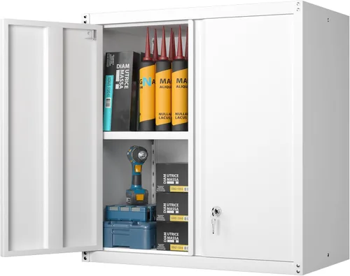 GREATMEET Armario de pared de metal con bloqueo, gabinete de almacenamiento de metal con 2 estantes, gabinete de montaje en pared con cerradura,