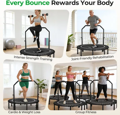 Miniatura 6 de BCAN BT2 - Mini trampolín de rebote de 450/550 libras para adultos con barra, trampolín de fitness con cuerdas elásticas, mango ajustable, estable