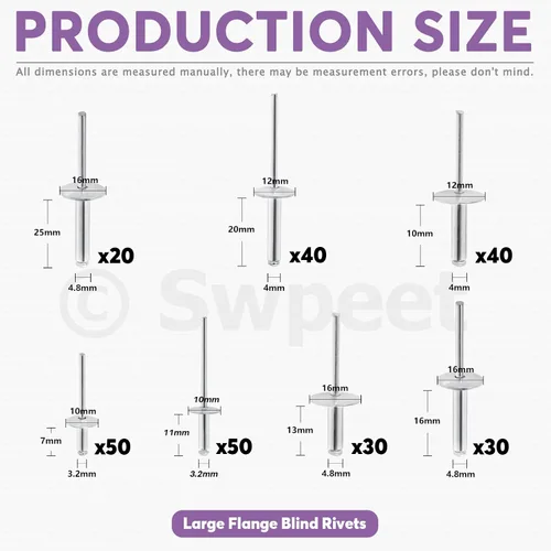 Miniatura 2 de Swpeet 260 piezas de 7 tamaños 3/16" 1/8" 5/32" - M3.2/4/4.8 Kit surtido de remaches ciegos de aluminio con brida grande, remaches plateados