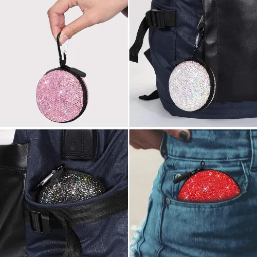 Miniatura 6 de SAVORI Estuche para auriculares pequeños con diamantes de imitación de cristal portátil, organizador de auriculares, bolsa de almacenamiento con Rosa