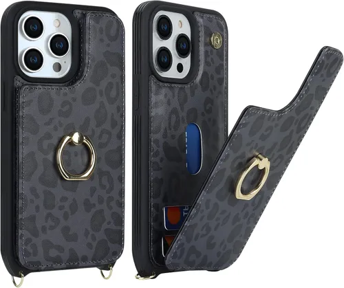 Miniatura 3 de Lipvina Funda para iPhone 13 Pro con tarjetero y correa para mujer, cordón cruzado, soporte de anillo con soporte, cierre a presión, bonitas fundas