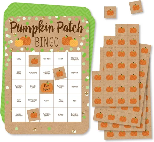 Big Dot of Happiness Pumpkin Patch - Tarjetas de bingo y marcadores - Juego de bingo para otoño, Halloween o Acción de Gracias - Juego de 18